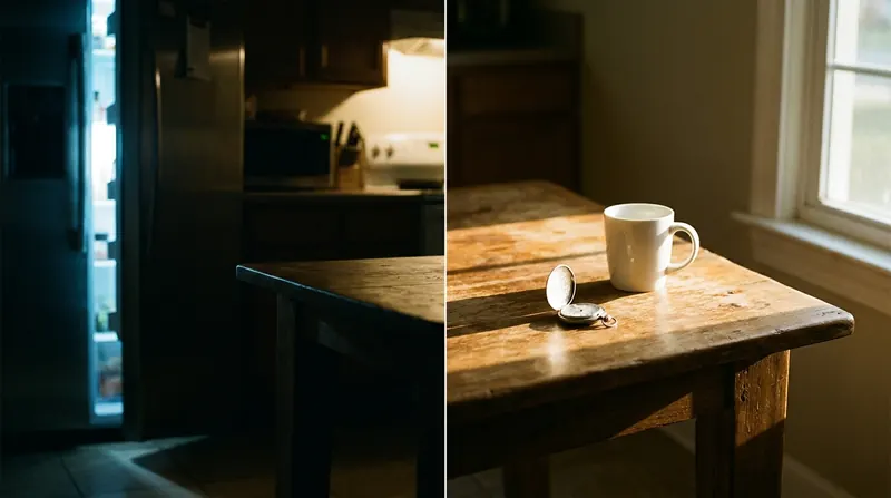 Night kitchen and sunrise table side by side, split down the middle