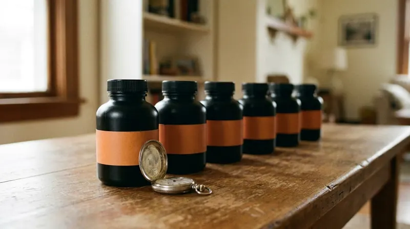 Six small dark bottles lined up in a row like train cars with an open pocket watch at the front