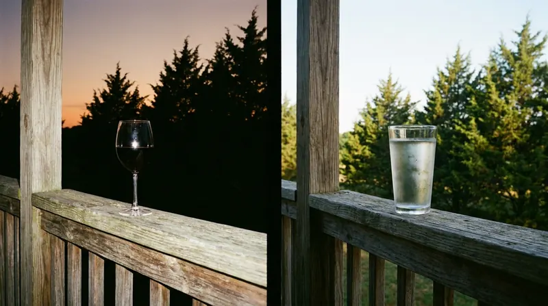 Wine at dusk and water at sunrise on the same porch rail, split in two