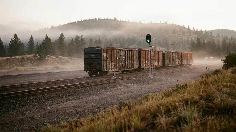 Freight rail yard at dawn with boxcars on parallel tracks and cedars on the hill behind