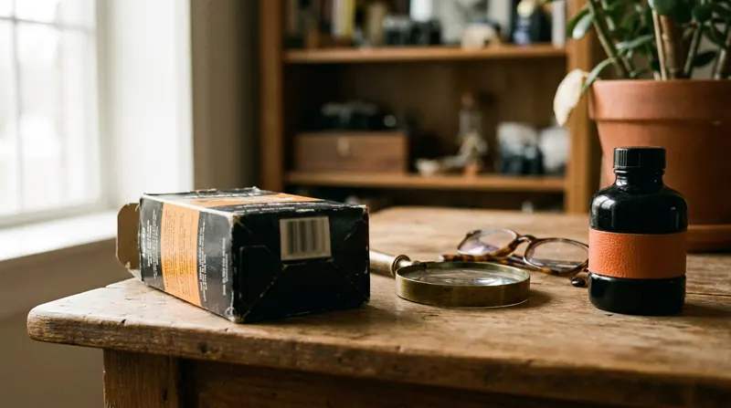 Brass magnifying glass and reading glasses beside the back of a small carton on a wooden table