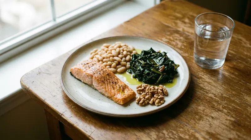Plate of baked salmon, white beans, leafy greens and walnuts beside a glass of water