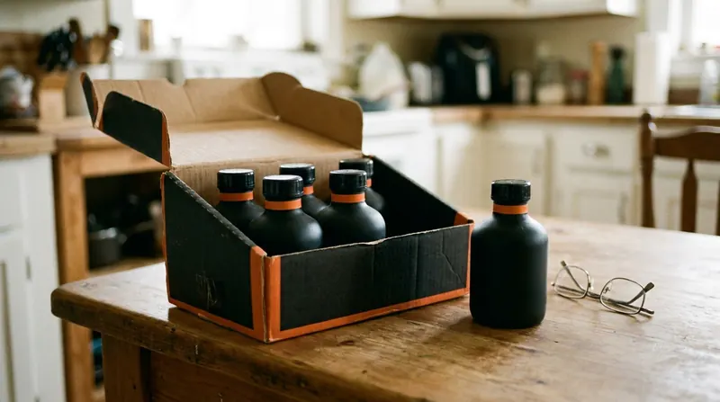Open carton with five small dark bottles inside and one standing beside it next to reading glasses