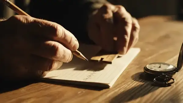 Weathered hands ruling a line across a paper schedule beside an open pocket watch
