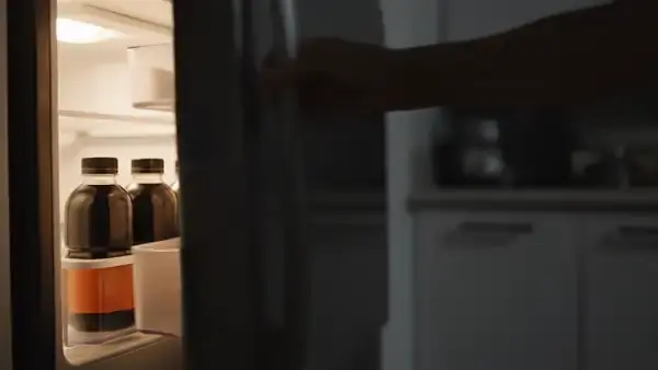 Refrigerator door opening at night on six small dark bottles standing in a row