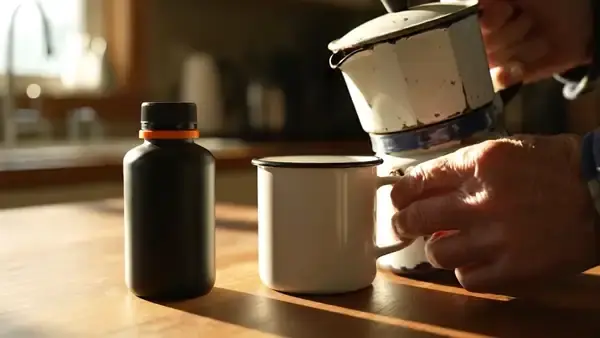 Enamel percolator pouring black coffee into a white mug beside a small dark bottle