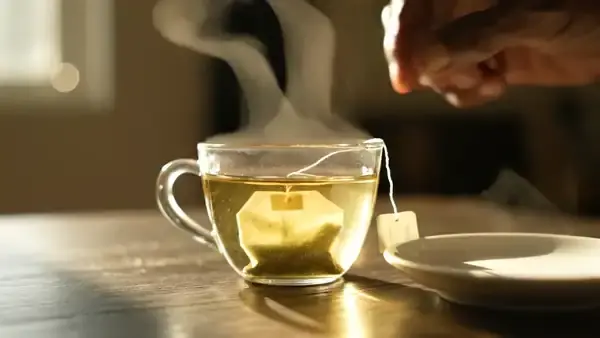 Tea bag lifted out of a clear glass cup of pale green tea and set on a saucer