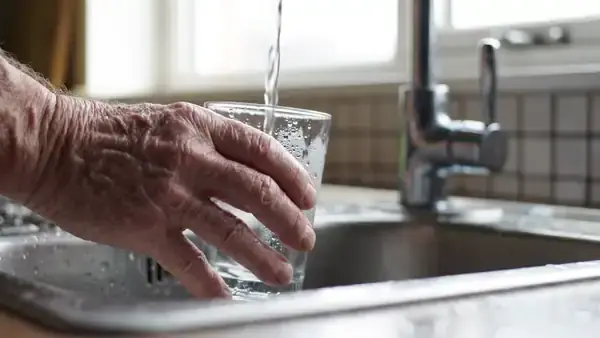 Tap water filling a clear glass held steady by a weathered hand at the sink