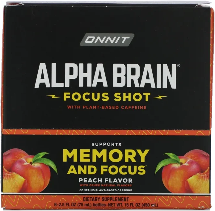 The black and orange carton of Onnit Alpha BRAIN Focus Shot in the peach flavor
